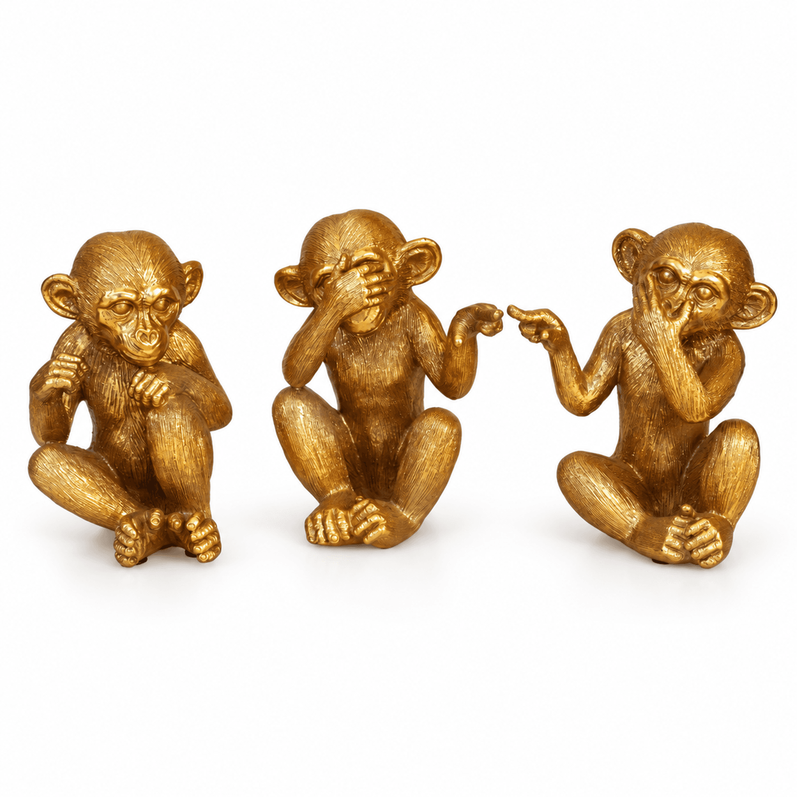 Trio de Macacos Decorativos Ouro Envelhecido – Sabedoria e Estilo